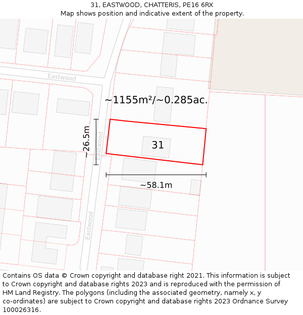 31, EASTWOOD, CHATTERIS, PE16 6RX: Plot and title map
