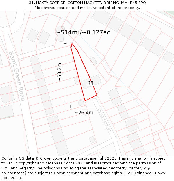 31, LICKEY COPPICE, COFTON HACKETT, BIRMINGHAM, B45 8PQ: Plot and title map