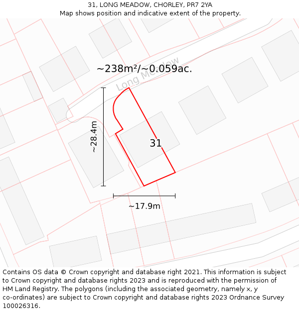 31, LONG MEADOW, CHORLEY, PR7 2YA: Plot and title map