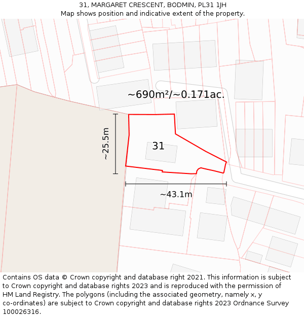 31, MARGARET CRESCENT, BODMIN, PL31 1JH: Plot and title map