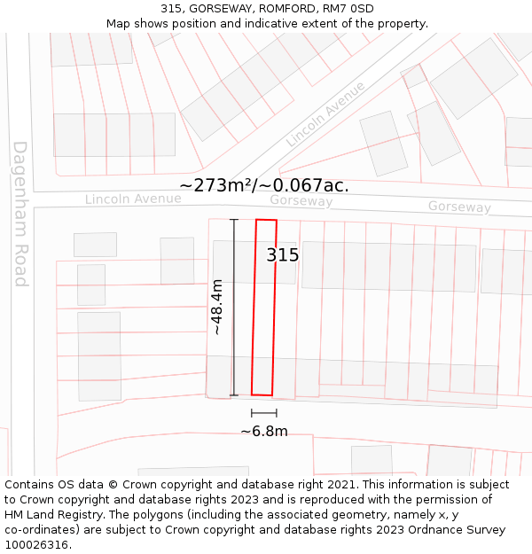 315, GORSEWAY, ROMFORD, RM7 0SD: Plot and title map