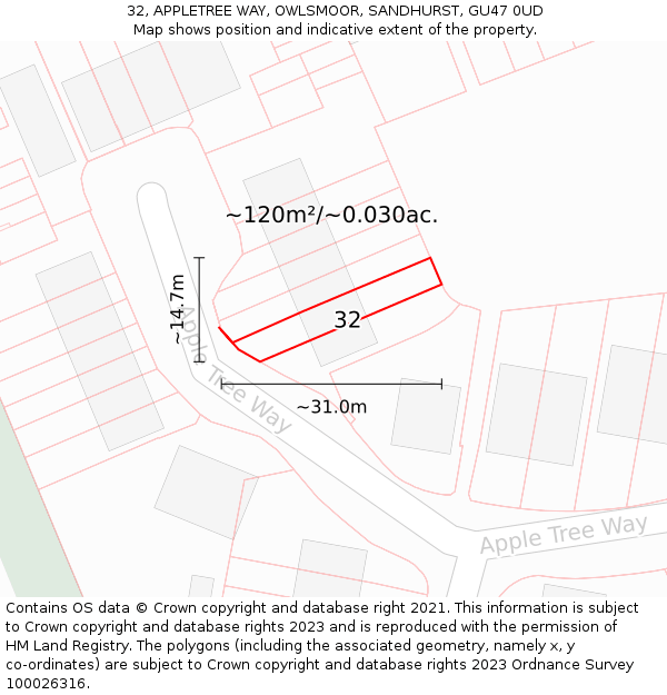 32, APPLETREE WAY, OWLSMOOR, SANDHURST, GU47 0UD: Plot and title map