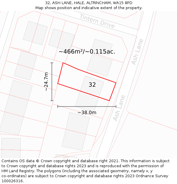 32, ASH LANE, HALE, ALTRINCHAM, WA15 8PD: Plot and title map