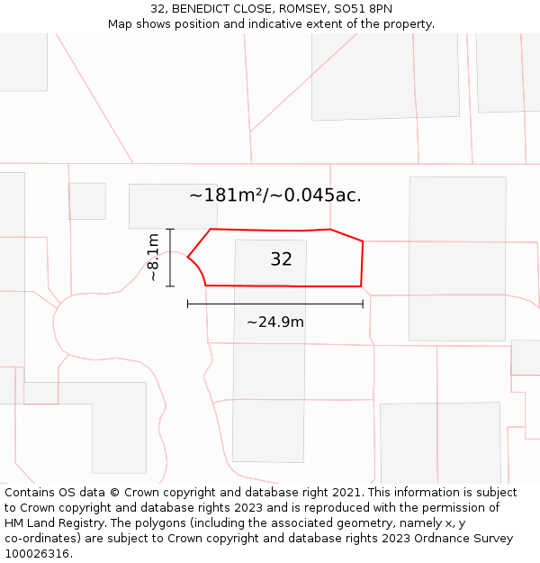 32, BENEDICT CLOSE, ROMSEY, SO51 8PN: Plot and title map