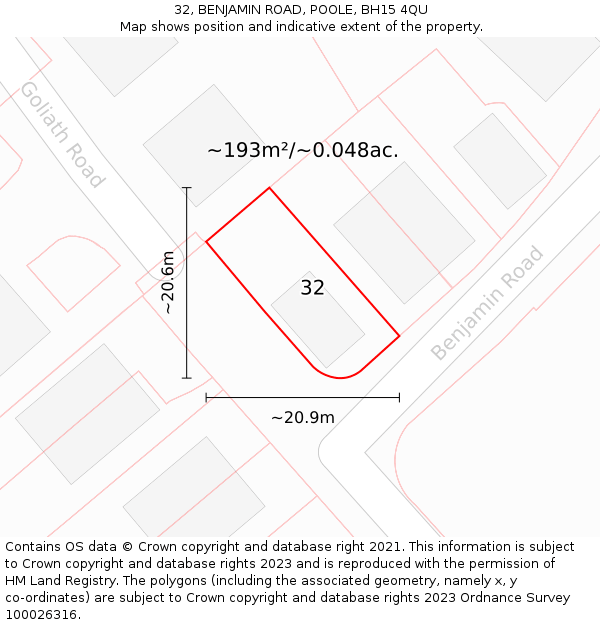 32, BENJAMIN ROAD, POOLE, BH15 4QU: Plot and title map