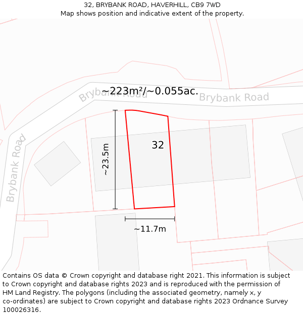 32, BRYBANK ROAD, HAVERHILL, CB9 7WD: Plot and title map