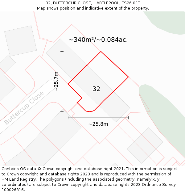 32, BUTTERCUP CLOSE, HARTLEPOOL, TS26 0FE: Plot and title map