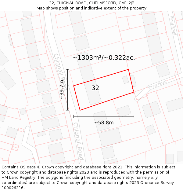 32, CHIGNAL ROAD, CHELMSFORD, CM1 2JB: Plot and title map