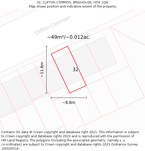 32, CLIFTON COMMON, BRIGHOUSE, HD6 1QW: Plot and title map