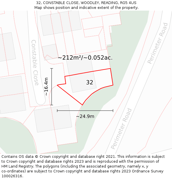 32, CONSTABLE CLOSE, WOODLEY, READING, RG5 4US: Plot and title map