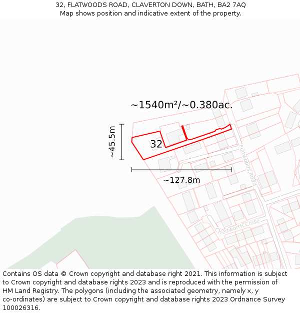 32, FLATWOODS ROAD, CLAVERTON DOWN, BATH, BA2 7AQ: Plot and title map