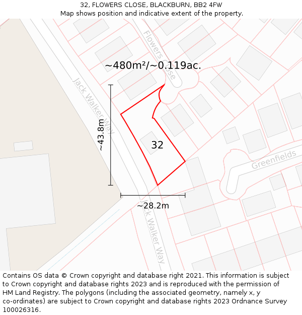 32, FLOWERS CLOSE, BLACKBURN, BB2 4FW: Plot and title map