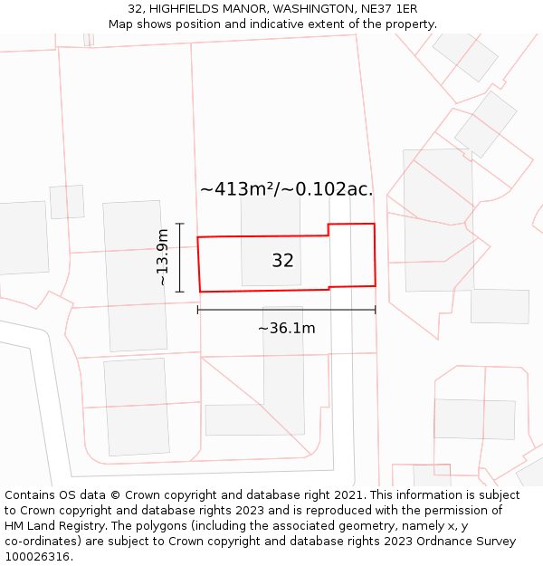 32, HIGHFIELDS MANOR, WASHINGTON, NE37 1ER: Plot and title map