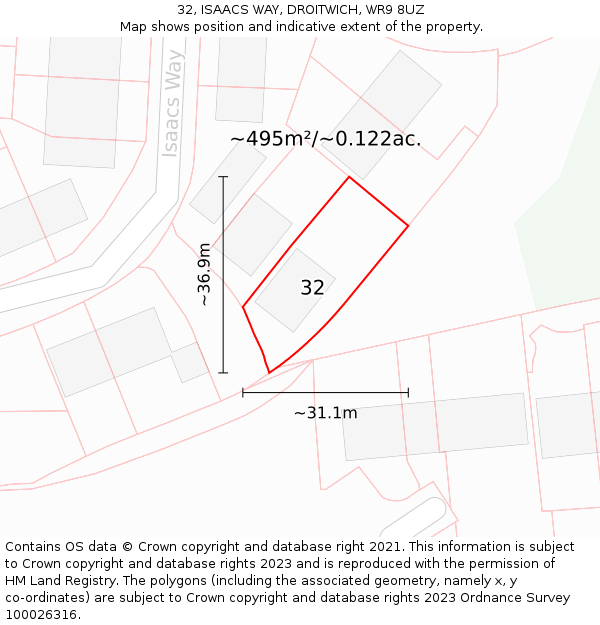 32, ISAACS WAY, DROITWICH, WR9 8UZ: Plot and title map