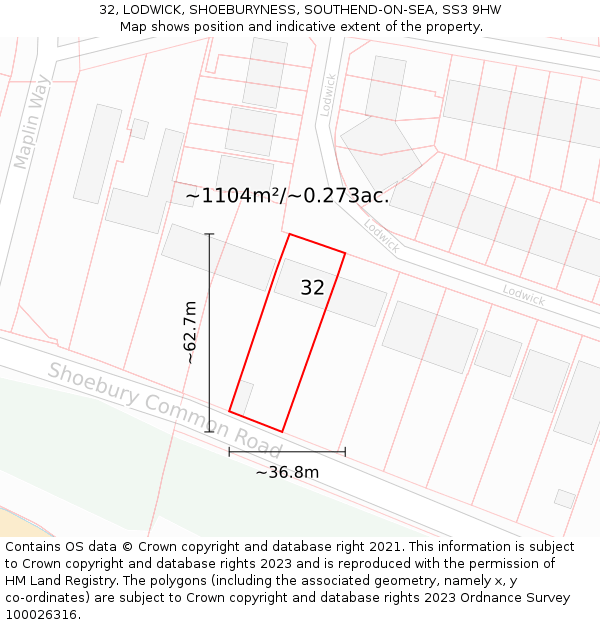 32, LODWICK, SHOEBURYNESS, SOUTHEND-ON-SEA, SS3 9HW: Plot and title map