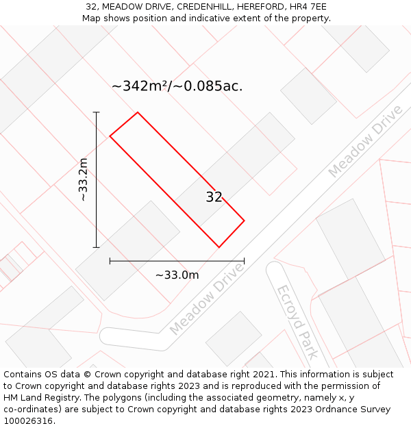 32, MEADOW DRIVE, CREDENHILL, HEREFORD, HR4 7EE: Plot and title map