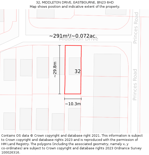 32, MIDDLETON DRIVE, EASTBOURNE, BN23 6HD: Plot and title map