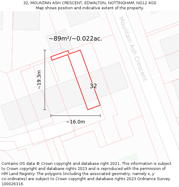 32, MOUNTAIN ASH CRESCENT, EDWALTON, NOTTINGHAM, NG12 4GS: Plot and title map