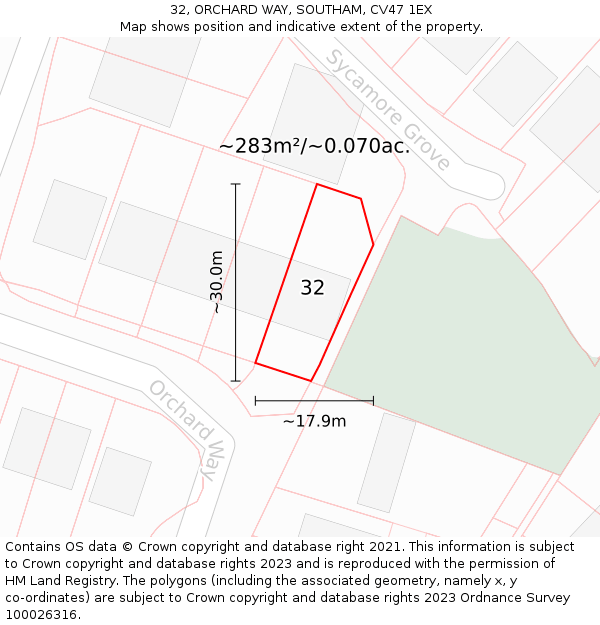 32, ORCHARD WAY, SOUTHAM, CV47 1EX: Plot and title map