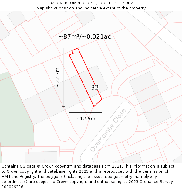 32, OVERCOMBE CLOSE, POOLE, BH17 9EZ: Plot and title map