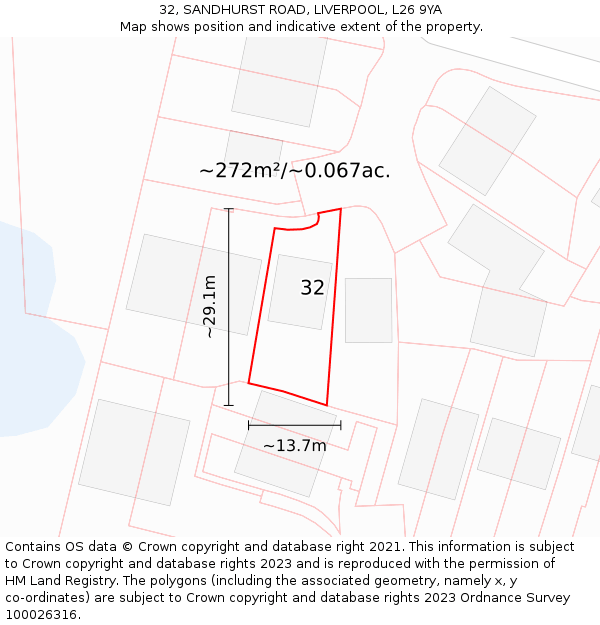 32, SANDHURST ROAD, LIVERPOOL, L26 9YA: Plot and title map