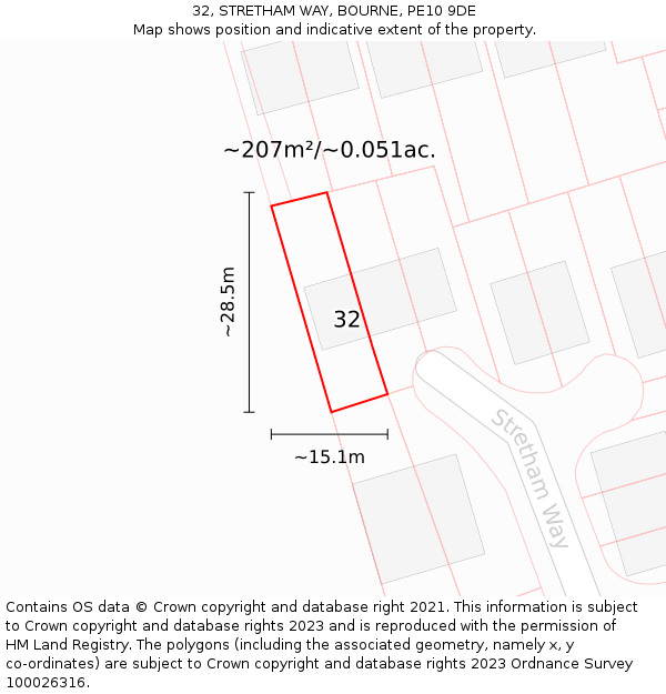 32, STRETHAM WAY, BOURNE, PE10 9DE: Plot and title map