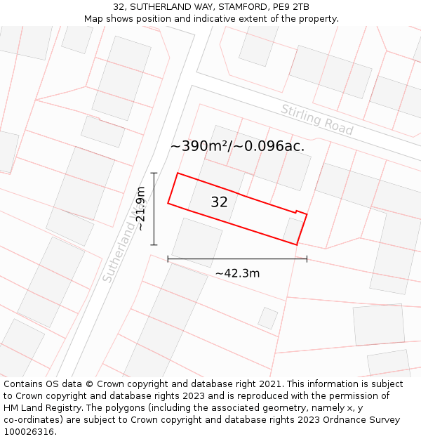 32, SUTHERLAND WAY, STAMFORD, PE9 2TB: Plot and title map