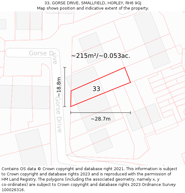 33, GORSE DRIVE, SMALLFIELD, HORLEY, RH6 9GJ: Plot and title map