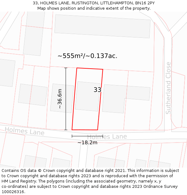 33, HOLMES LANE, RUSTINGTON, LITTLEHAMPTON, BN16 2PY: Plot and title map