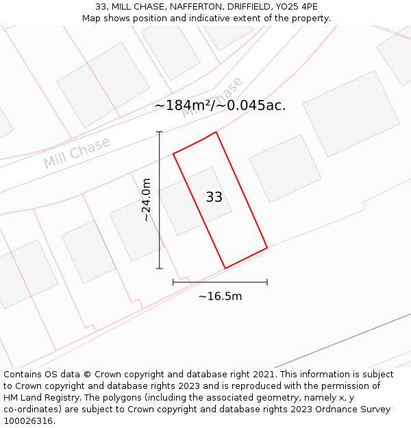 33, MILL CHASE, NAFFERTON, DRIFFIELD, YO25 4PE: Plot and title map