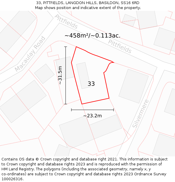 33, PITTFIELDS, LANGDON HILLS, BASILDON, SS16 6RD: Plot and title map