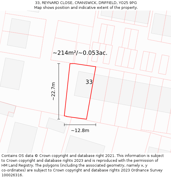 33, REYNARD CLOSE, CRANSWICK, DRIFFIELD, YO25 9PG: Plot and title map