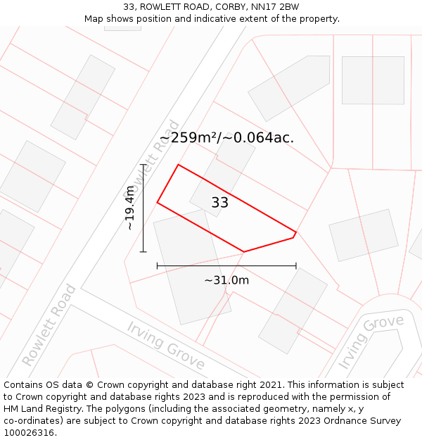 33, ROWLETT ROAD, CORBY, NN17 2BW: Plot and title map
