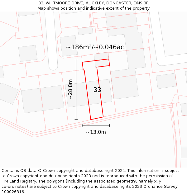 33, WHITMOORE DRIVE, AUCKLEY, DONCASTER, DN9 3FJ: Plot and title map