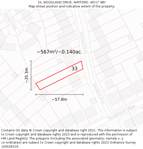33, WOODLAND DRIVE, WATFORD, WD17 3BY: Plot and title map