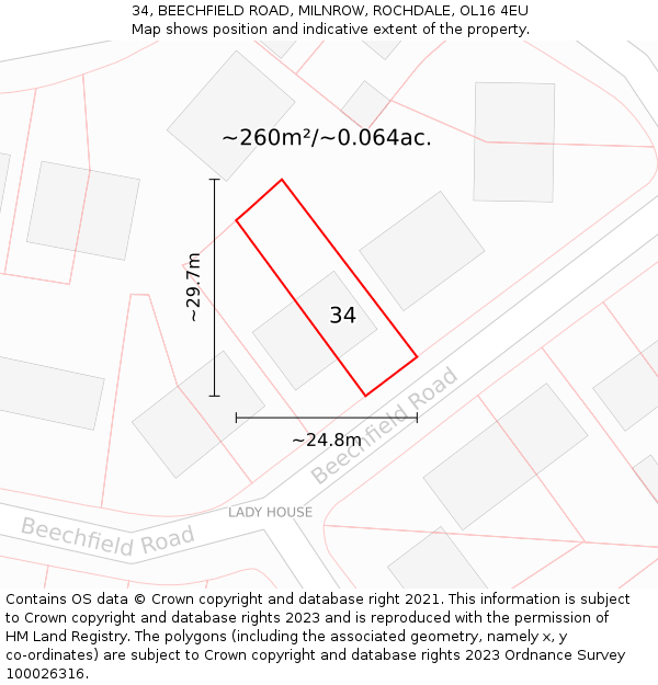 34, BEECHFIELD ROAD, MILNROW, ROCHDALE, OL16 4EU: Plot and title map