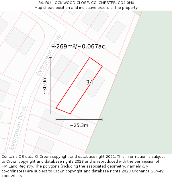 34, BULLOCK WOOD CLOSE, COLCHESTER, CO4 0HX: Plot and title map