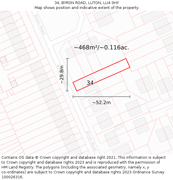 34, BYRON ROAD, LUTON, LU4 0HY: Plot and title map