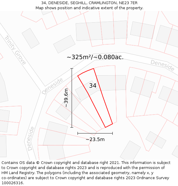 34, DENESIDE, SEGHILL, CRAMLINGTON, NE23 7ER: Plot and title map