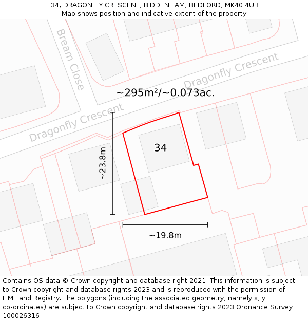 34, DRAGONFLY CRESCENT, BIDDENHAM, BEDFORD, MK40 4UB: Plot and title map