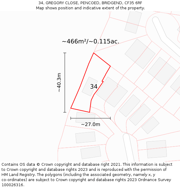 34, GREGORY CLOSE, PENCOED, BRIDGEND, CF35 6RF: Plot and title map