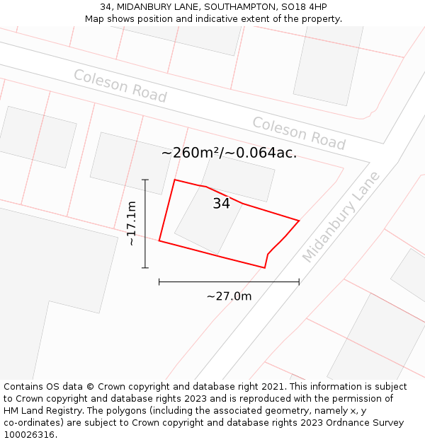 34, MIDANBURY LANE, SOUTHAMPTON, SO18 4HP: Plot and title map
