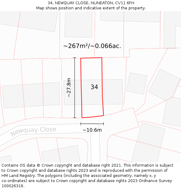 34, NEWQUAY CLOSE, NUNEATON, CV11 6FH: Plot and title map
