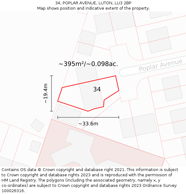34, POPLAR AVENUE, LUTON, LU3 2BP: Plot and title map