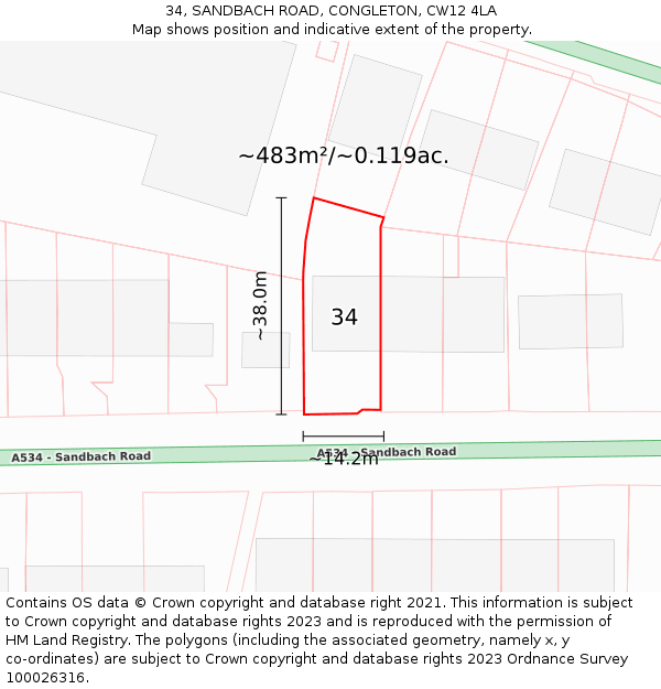 34, SANDBACH ROAD, CONGLETON, CW12 4LA: Plot and title map