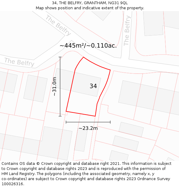 34, THE BELFRY, GRANTHAM, NG31 9QL: Plot and title map