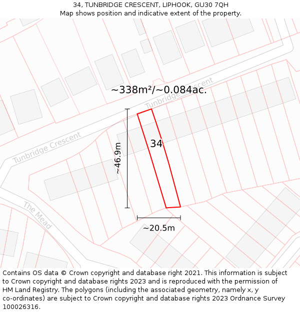 34, TUNBRIDGE CRESCENT, LIPHOOK, GU30 7QH: Plot and title map