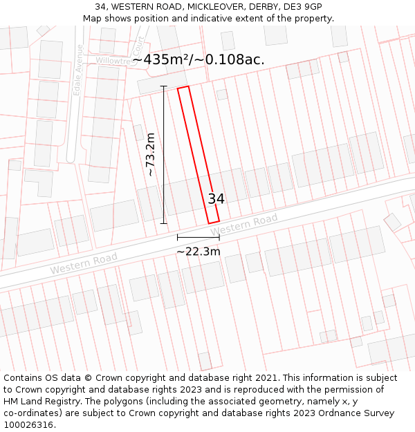 34, WESTERN ROAD, MICKLEOVER, DERBY, DE3 9GP: Plot and title map