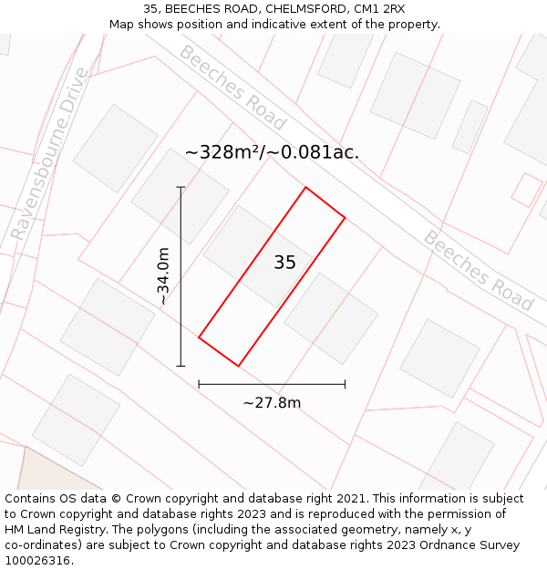 35, BEECHES ROAD, CHELMSFORD, CM1 2RX: Plot and title map