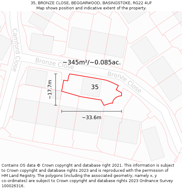 35, BRONZE CLOSE, BEGGARWOOD, BASINGSTOKE, RG22 4UF: Plot and title map